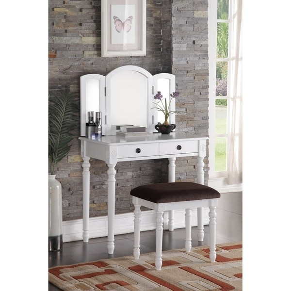 Wooden 3 Panel Mirror Vanity Set With 2 Drawers Stool White Wooden 3 Panel Mirror Vanity Set With 2 Drawers Stool