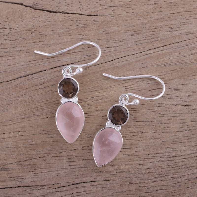 Handmade Sterling Silver 'Dazzling Alliance' Rose Smoky Quartz Earrings (India) - 1.4*0.4