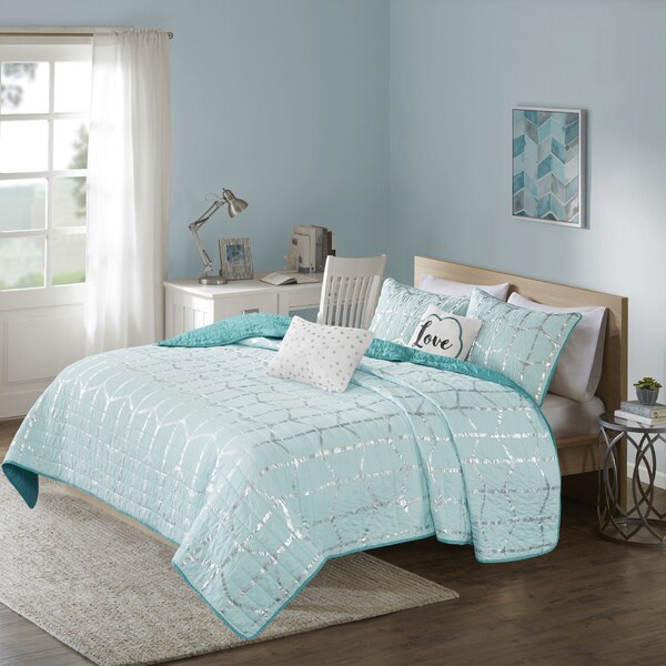 Intelligent Design Khloe Aqua/ Silver Metallic Printed 5-piece Coverlet Set