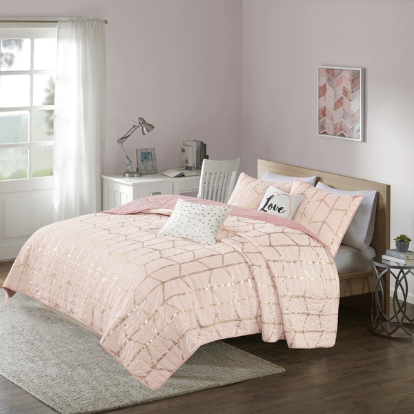 Intelligent Design Khloe Blush/ Gold Metallic Printed 5-piece Coverlet Set