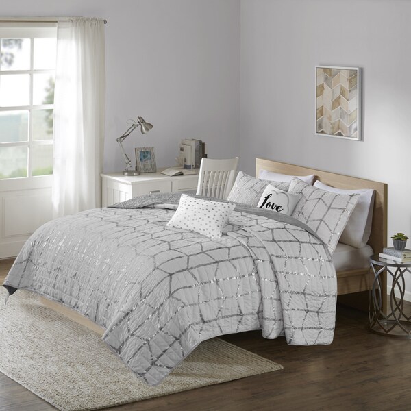 Intelligent Design Khloe Grey/ Silver Metallic Printed 5-piece Coverlet Set