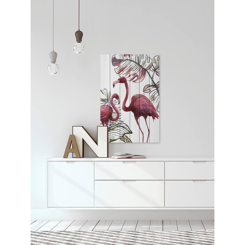 'Tropical Flamingos I' Painting Print on White Wood - Multi-Color