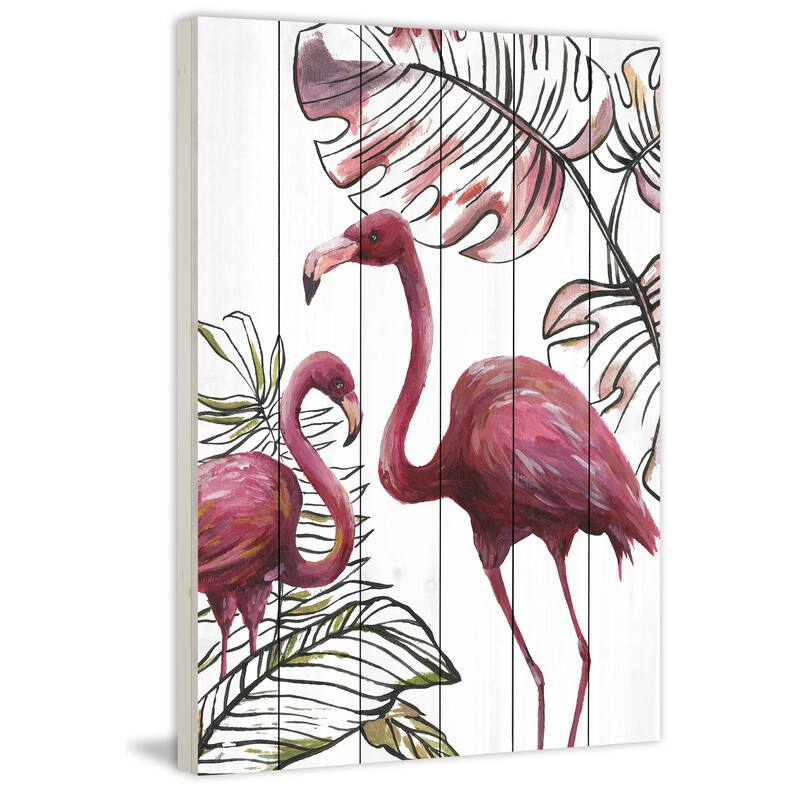 'Tropical Flamingos I' Painting Print on White Wood - Multi-Color
