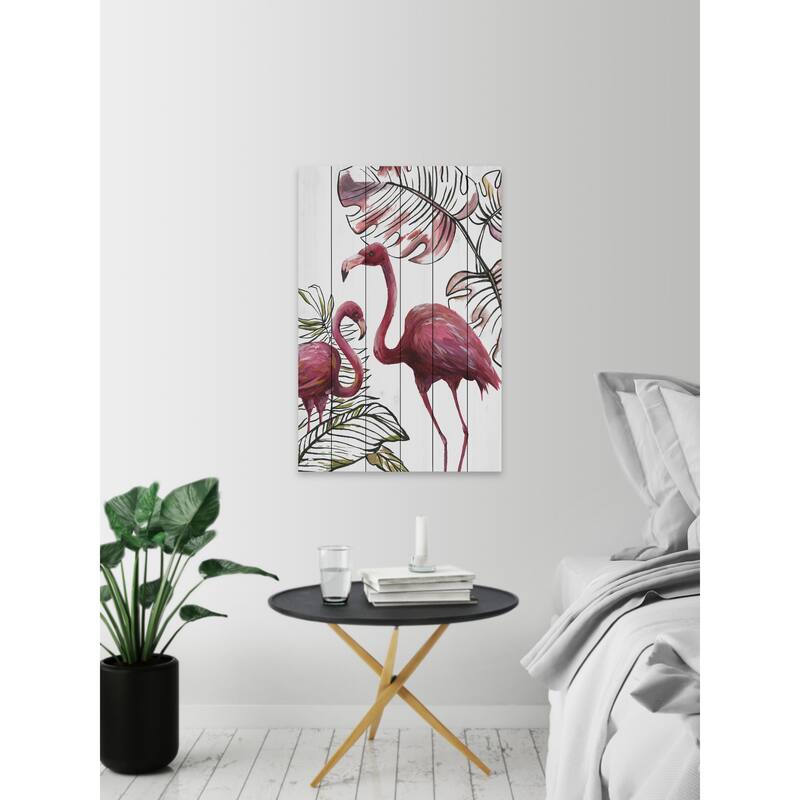 'Tropical Flamingos I' Painting Print on White Wood - Multi-Color