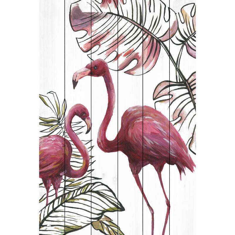 'Tropical Flamingos I' Painting Print on White Wood - Multi-Color