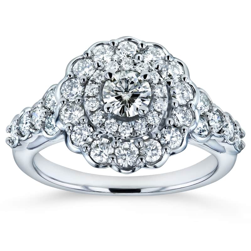 Annello by Kobelli 14k White Gold 1 1/10ct TGW Moissanite and Diamond Floral Double Halo Engagement Ring