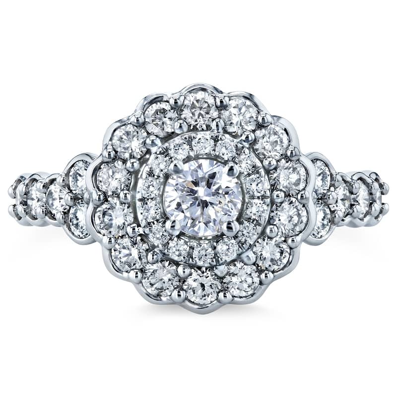 Annello by Kobelli 14k White Gold 1 1/10ct TDW Diamond Floral Double Halo Engagement Ring