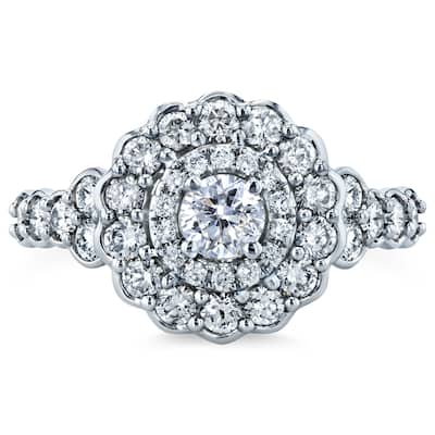 Annello by Kobelli 14k White Gold 1 1/10ct TDW Diamond Floral Double Halo Engagement Ring