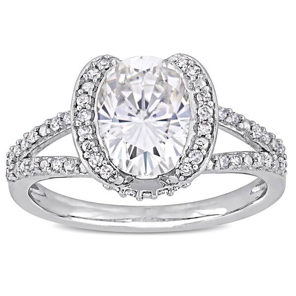 slide 1 of 8, Miadora 2ct DEW Oval-cut Moissanite and 1/4ct TDW Diamond Engagement Ring in 14k White Gold