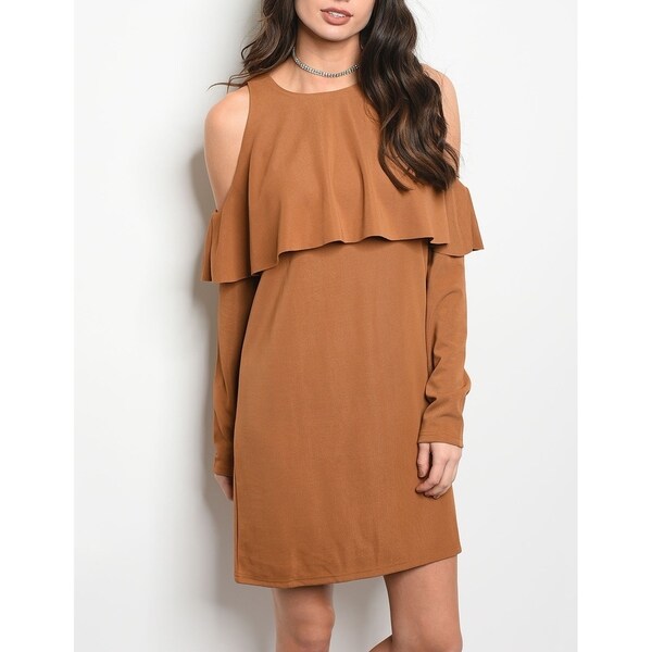 JED Women's Cold Shoulder Ruffled Camel Dress. Opens flyout.