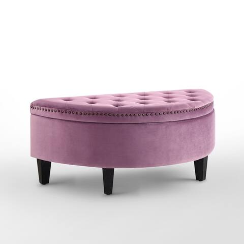 Inspired Home Sara Velvet Ottoman Gold Nailhead Trim Half Moon Storage