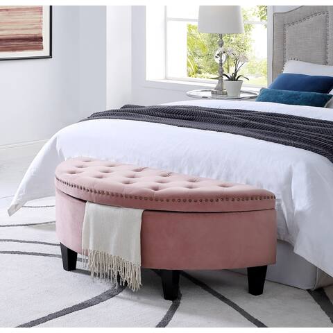 Inspired Home Sara Velvet Ottoman Gold Nailhead Trim Half Moon Storage