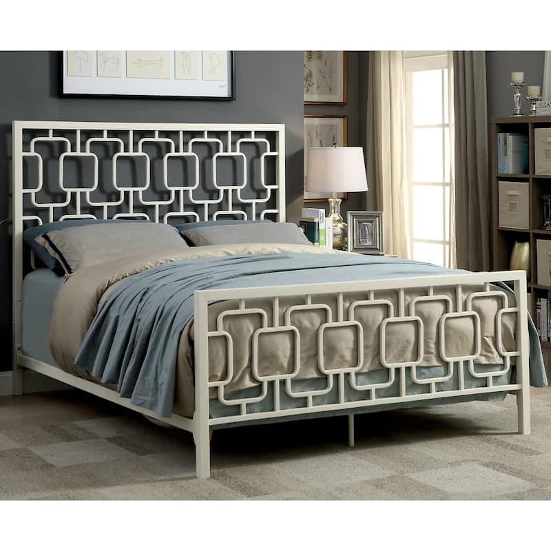 Furniture of America Buct Contemporary Metal Geometric Panel Bed - White - California King