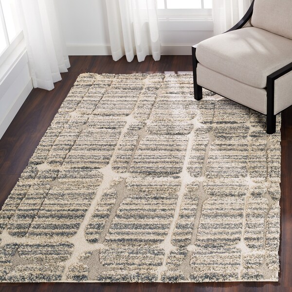 Shop Abstract Mid-century Mist Grey/ Beige Shag Rug - 3'10 ...