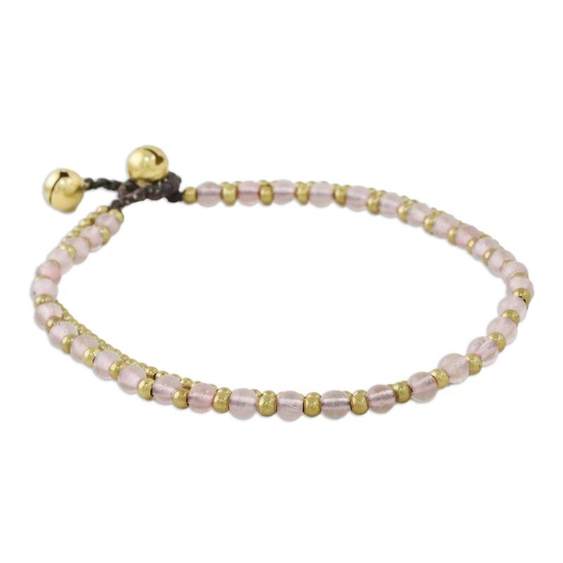 Handmade Brass 'Ringing Beauty' Rose Quartz Anklet (Thailand) - Pink - 9.25" min L - x 9.75" max L x 0.3" W