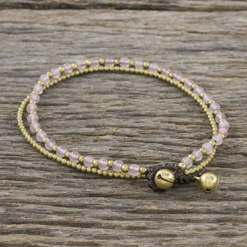 Handmade Brass 'Ringing Beauty' Rose Quartz Anklet (Thailand) - Pink - 9.25" min L - x 9.75" max L x 0.3" W