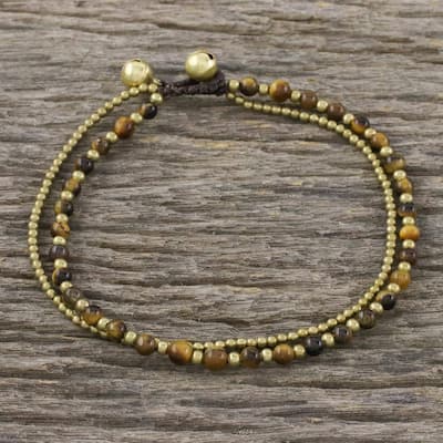 Handmade Brass 'Ringing Beauty' Tiger's Eye Anklet (Thailand) - L - x 9.75" max L x 0.3" W