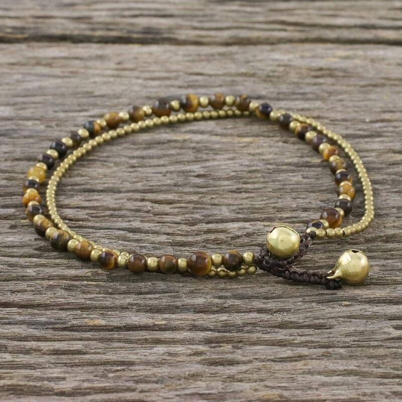 Handmade Brass 'Ringing Beauty' Tiger's Eye Anklet (Thailand) - L - x 9.75" max L x 0.3" W