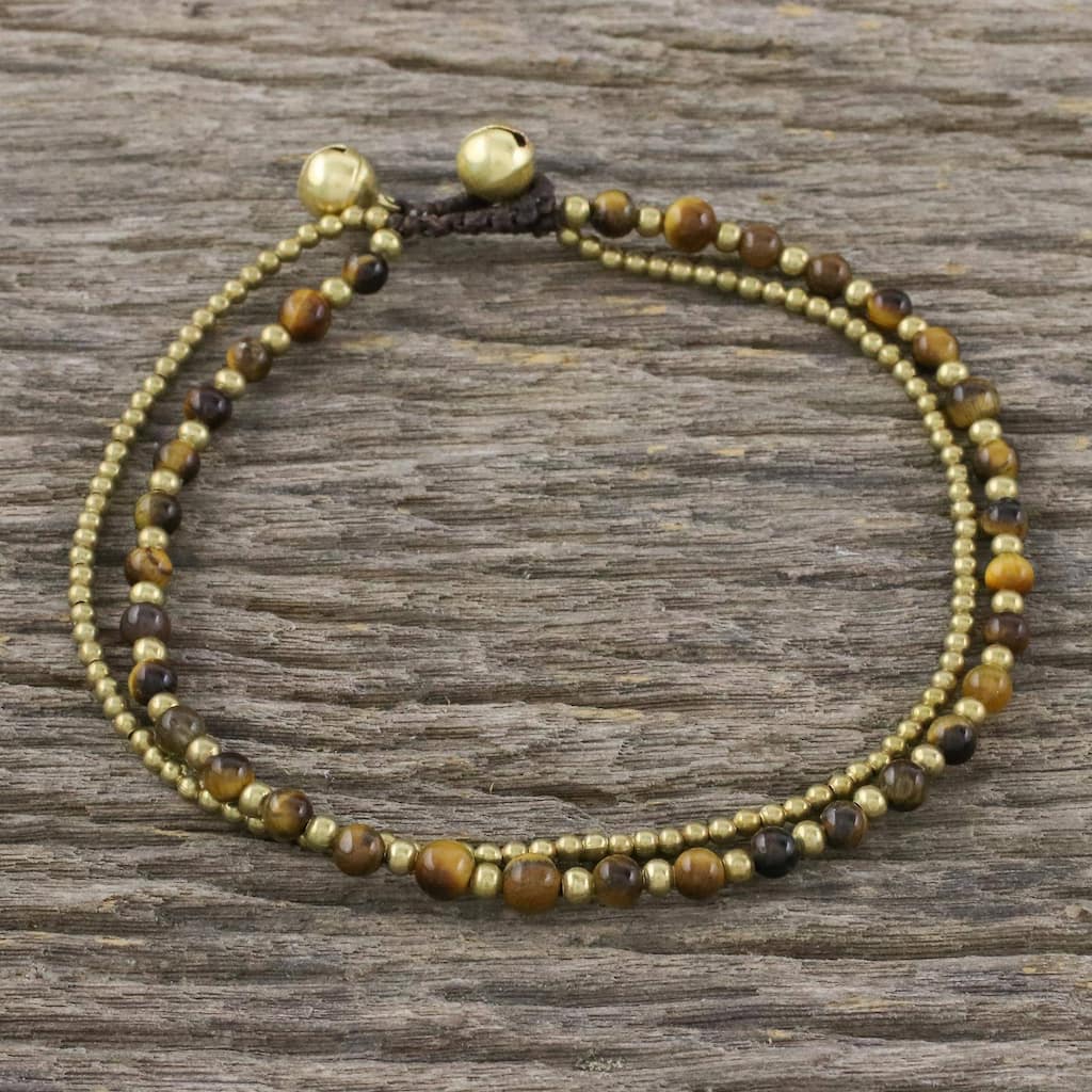 Handmade Brass 'Ringing Beauty' Tiger's Eye Anklet (Thailand) - L - x 9.75" max L x 0.3" W
