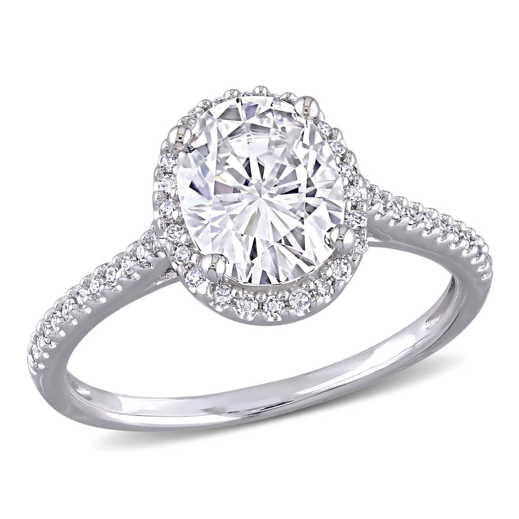 Miadora 2ct DEW Oval-cut Moissanite and 1/4ct TDW Diamond Halo Engagement Ring in 14k White Gold