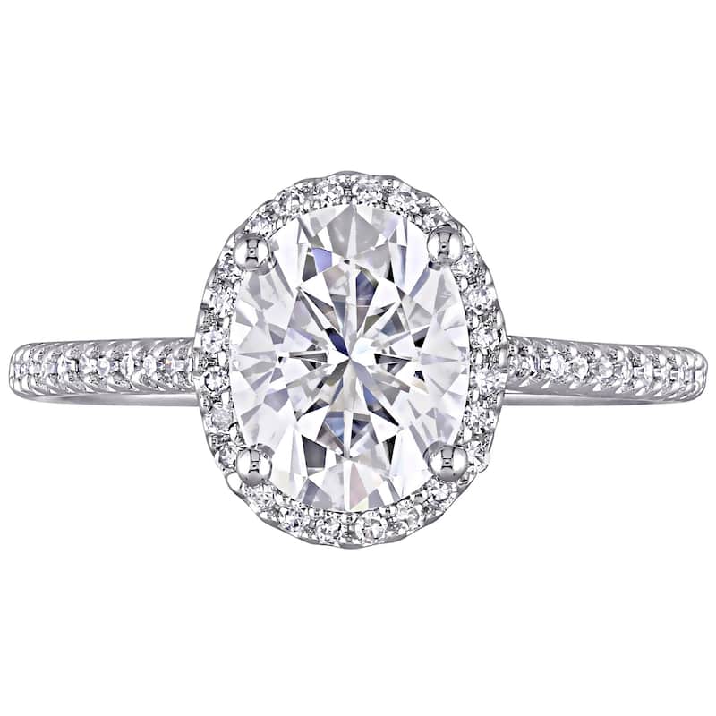 Miadora 2ct DEW Oval-cut Moissanite and 1/4ct TDW Diamond Halo Engagement Ring in 14k White Gold
