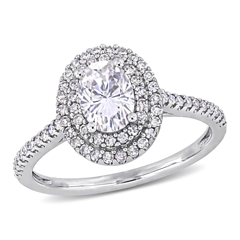 Miadora 1ct DEW Oval-cut Moissanite and 1/3ct TDW Diamond Double Halo Engagement Ring in 14k White Gold