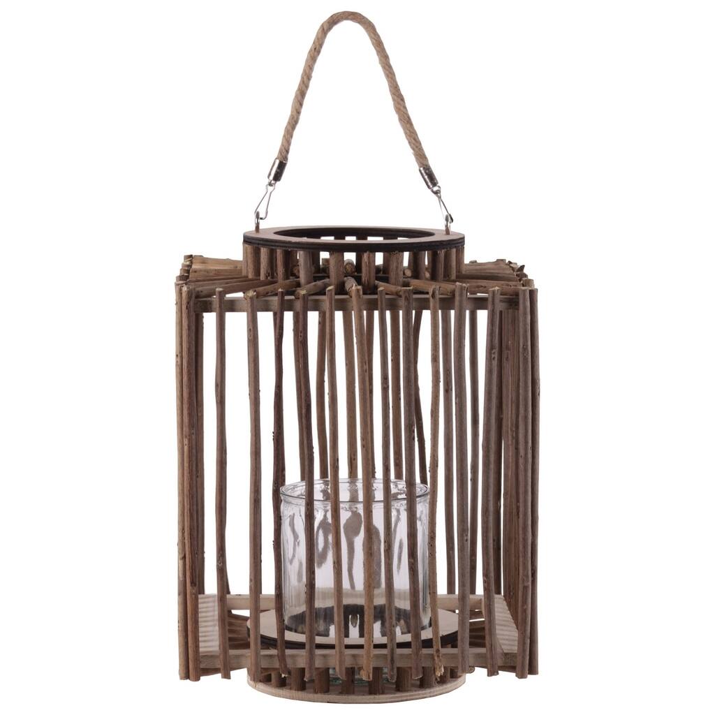UTC55011: Wood Square Lantern with Rope Handle, Hurricane Candle Holder and Twig Design LG Body Natural Finish Brown