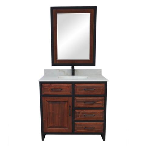 36"Rustic Solid Fir Single Sink Iron Frame Vanity in Brown-Driftwood Finish with Marble Top-No Faucet