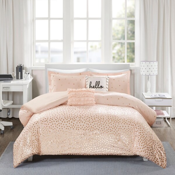 White Silver Metallic Geo Love 5pc Comforter Set Twin Xl Full Queen Cal King Bed Comforters Sets Home Garden