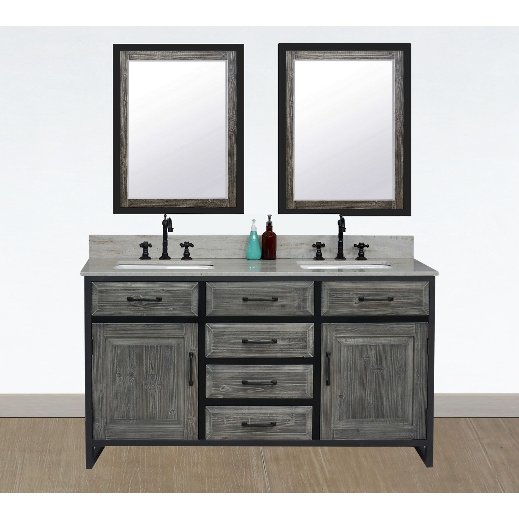 60 Rustic Solid Fir Double Sink Iron Frame Vanity In Grey Driftwood Finish With Marble Top No Faucet Overstock 2087