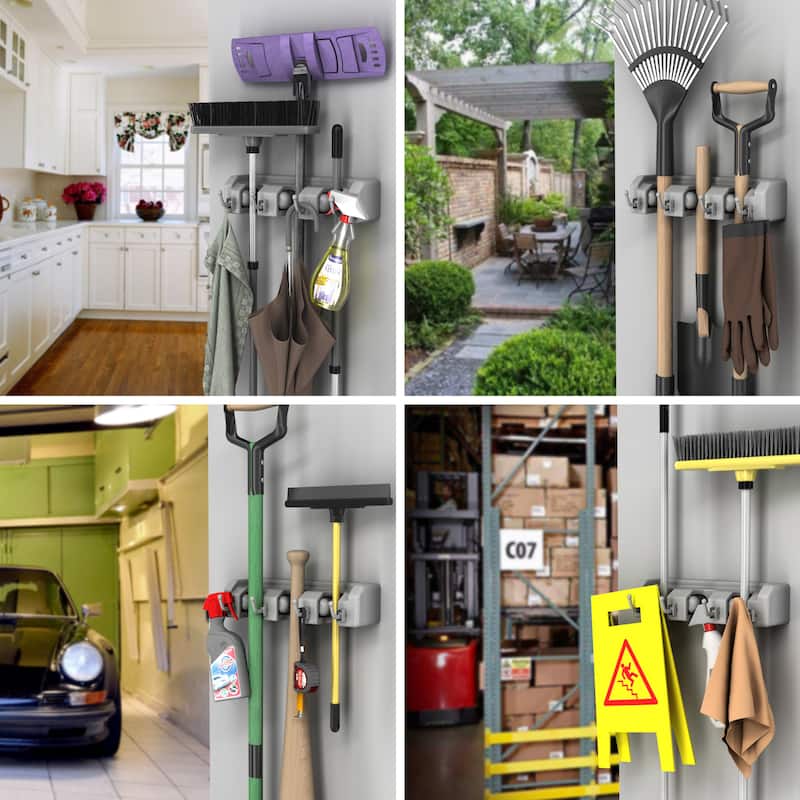 Shovel, Rake and Tool Holder with Hooks- Wall Mounted Organizer-Space Saving Racks by Stalwart (2 Pack)