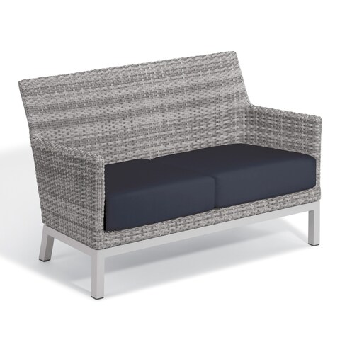 Oxford Garden Argento Resin Wicker Loveseat with Powder Coated Aluminum Legs - Midnight Blue Polyester Cushion