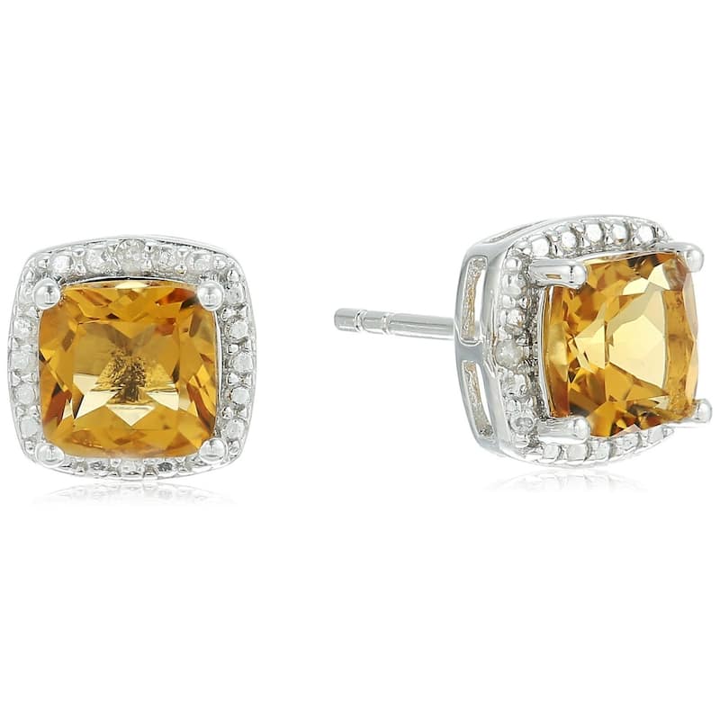 Sterling Silver Cushion Citrine & Diamond Accented Halo Stud Earrings - Yellow