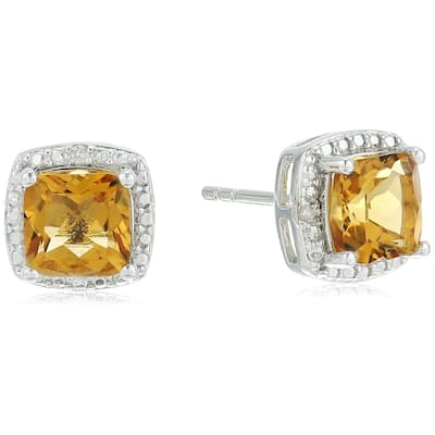 Sterling Silver Cushion Citrine & Diamond Accented Halo Stud Earrings - Yellow
