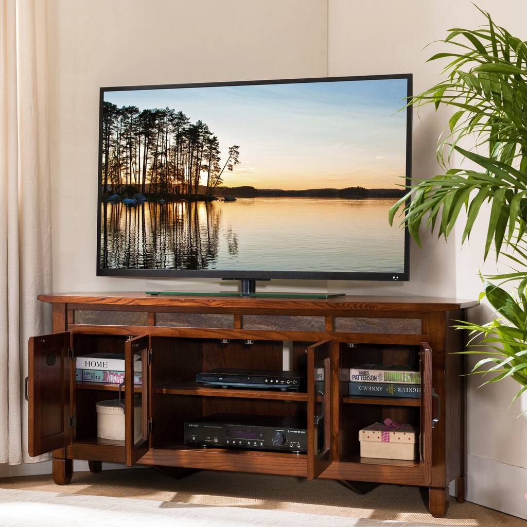 Leick Home 89386 Rustic Oak Corner TV Console with Slate Tiles