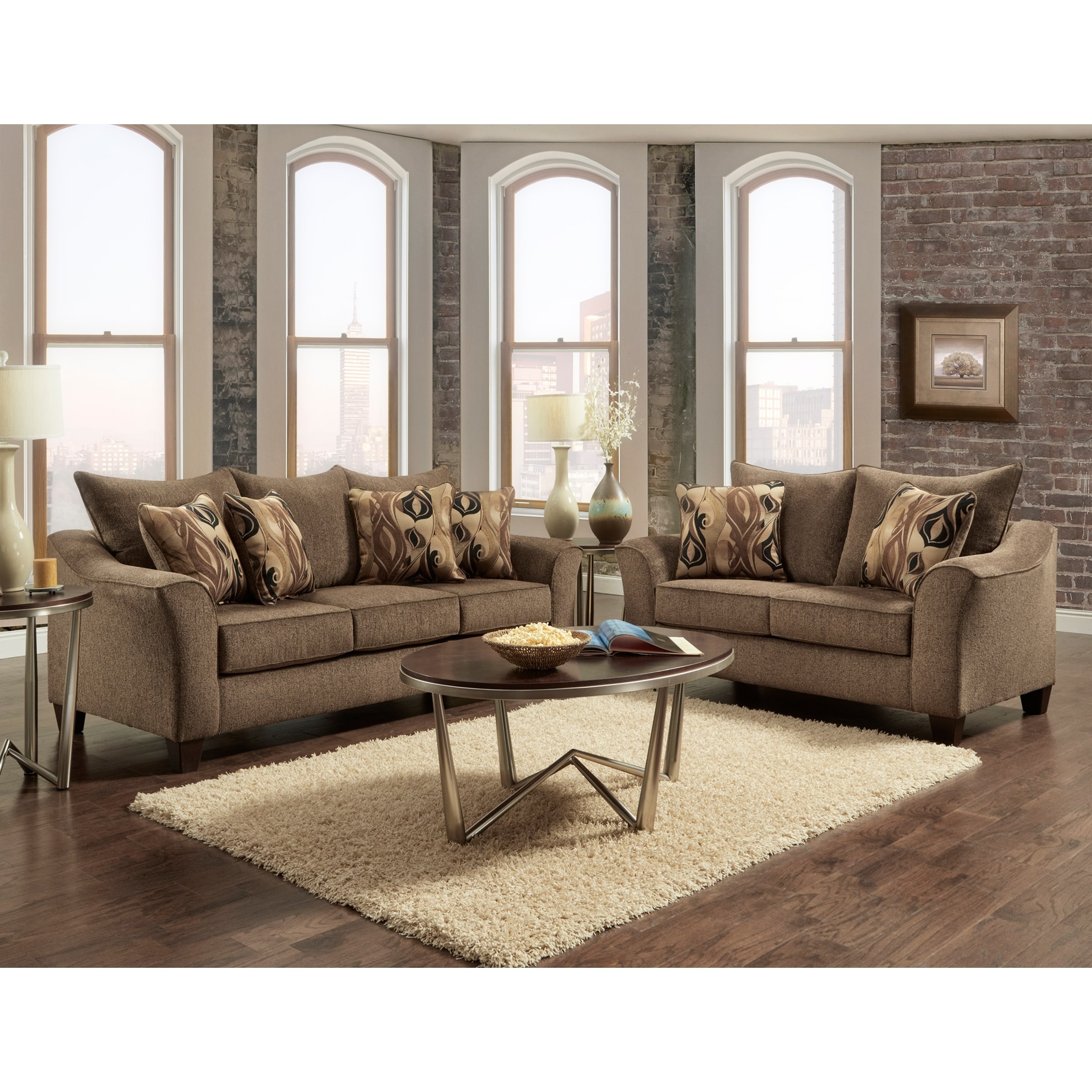 Roundhill Furniture Camero Fabric Pillowback Sofa and Loveseat Set