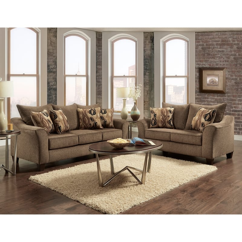 Roundhill Furniture Camero Fabric Pillowback Sofa and Loveseat Set - Chocolate