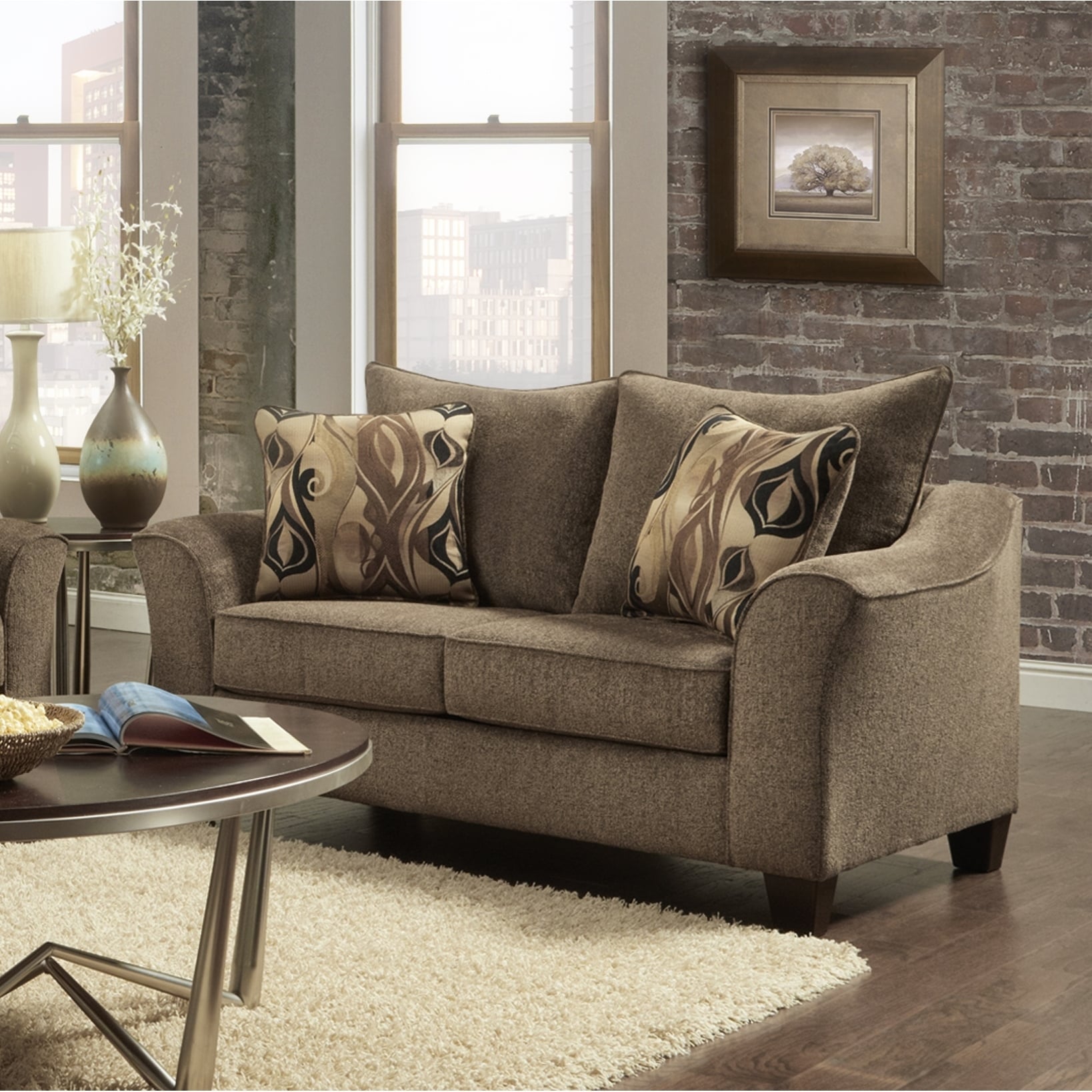 Roundhill Furniture Camero Fabric Pillowback Sofa and Loveseat Set