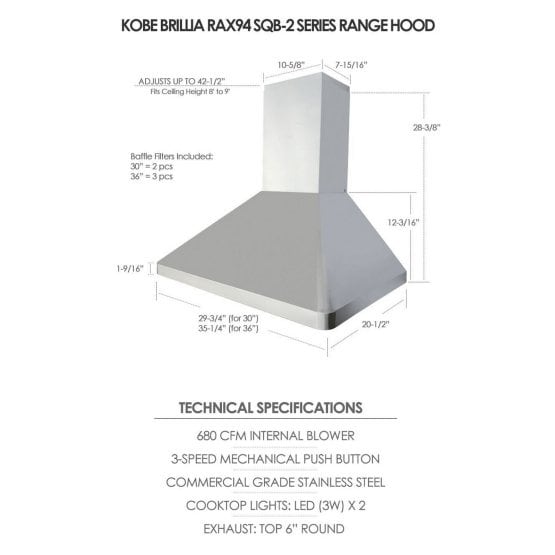 Kobe Rax94 Sqb 2 Brillia 30 Or 36 Inch Wall Mount Range Hood 3 Speed 680 Cfm Fits Ceiling Height 8 9