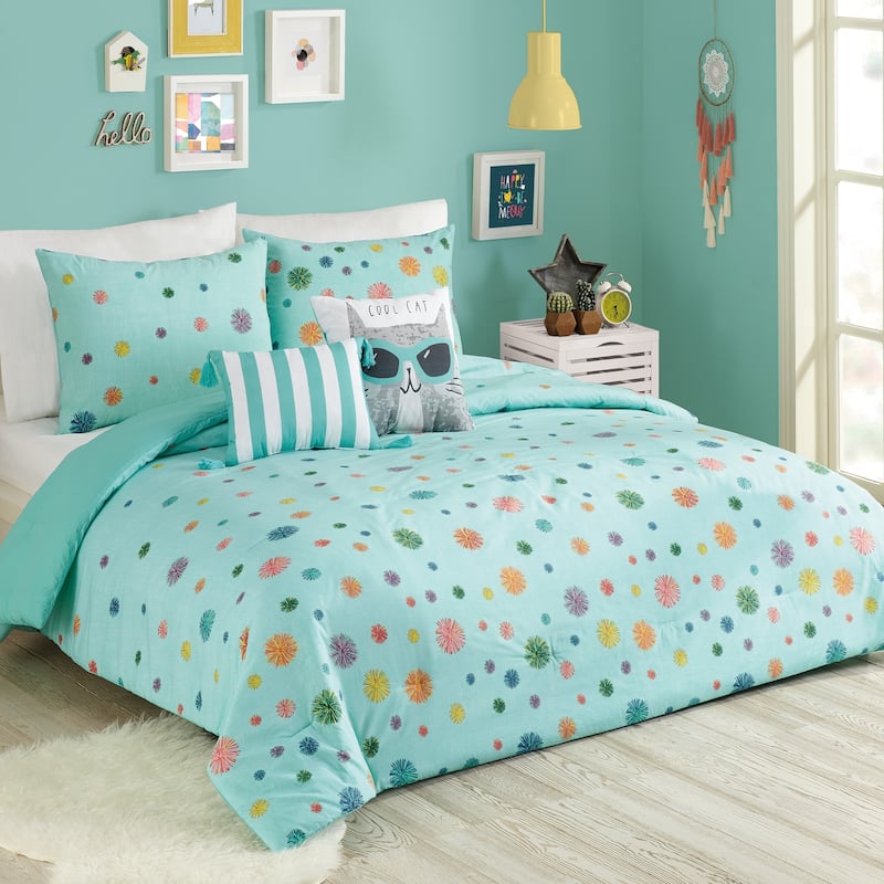 Urban Playground Raining Pom Pom Comforter Set with 2 Decorative Pillows - Full - Queen