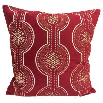 Rich Red Holiday Poly Velvet 20inch Throw Pillow with Exquisite Embroidered Gold and White Snow Flake Pattern