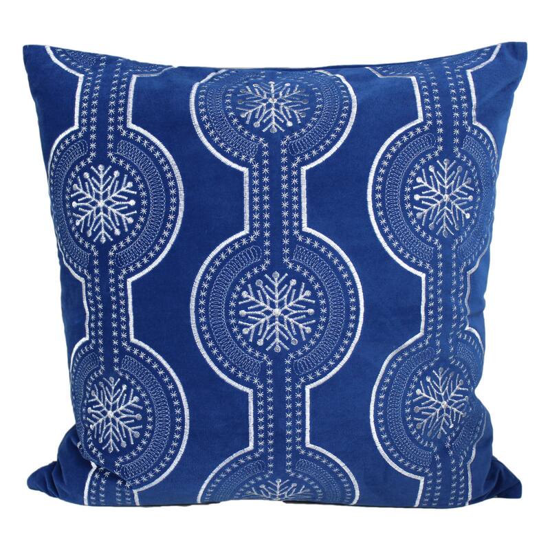 Rich Red Holiday Poly Velvet 20inch Throw Pillow with Exquisite Embroidered Gold and White Snow Flake Pattern