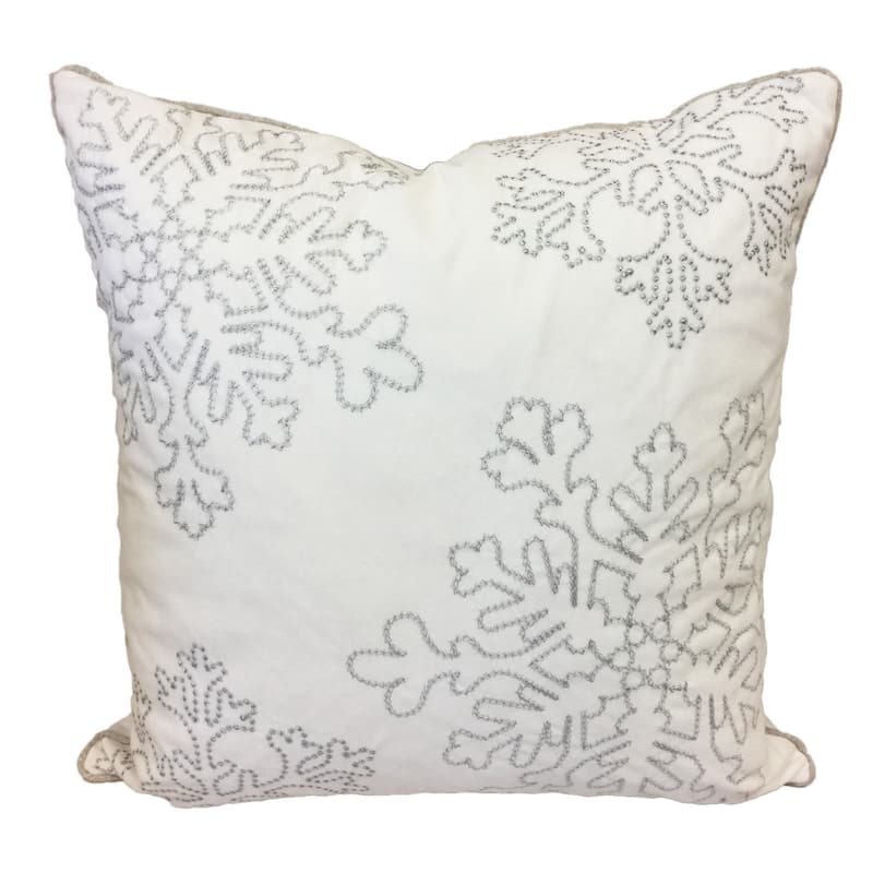 Silver Snow Flakes Embroidered Holiday Poly Velvet 20 inch Throw Pillow - White/Silver