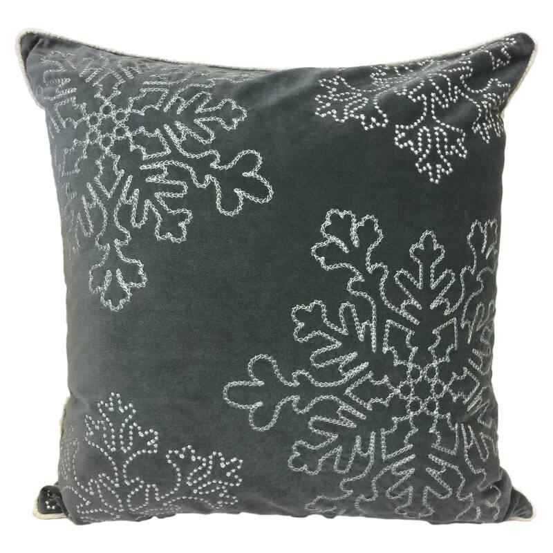 Silver Snow Flakes Embroidered Holiday Poly Velvet 20 inch Throw Pillow