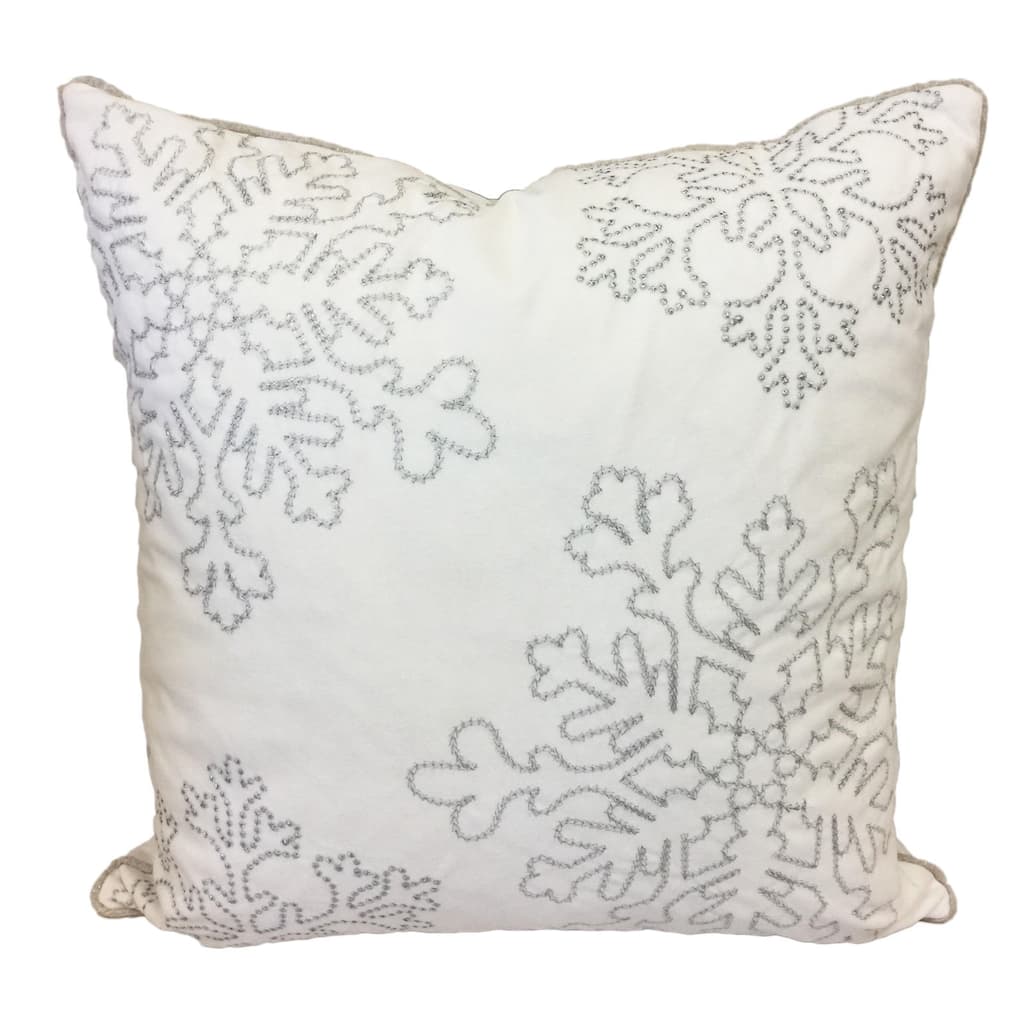 Silver Snow Flakes Embroidered Holiday Poly Velvet 20 inch Throw Pillow