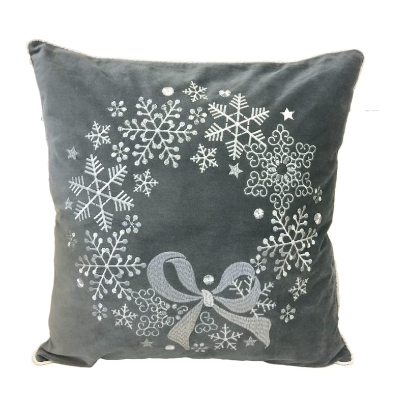 Fancy Holiday Reef Silver Embroidered Velvet Poly or Fether Filled Throw Pillow