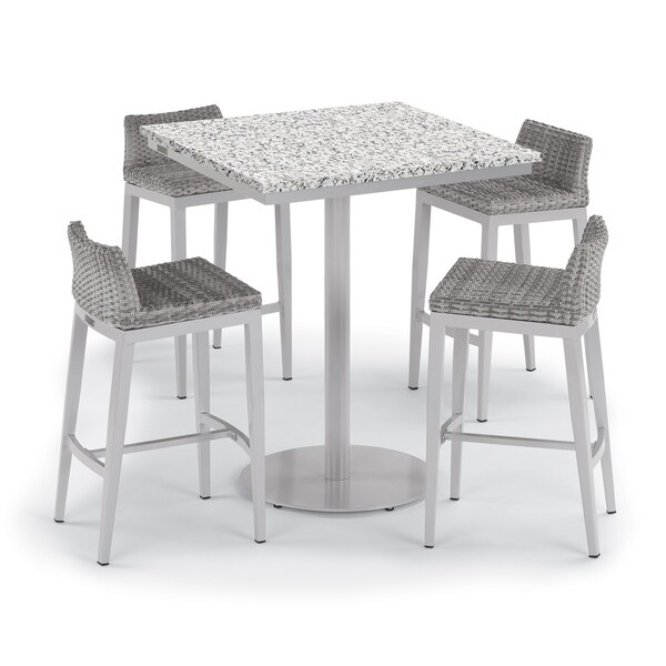 Oxford Garden Travira 5-piece 36-inch Lite-Core Ash Square Bar Table & Argento Resin Wicker Side Rails Bar Stool Set. Opens flyout.