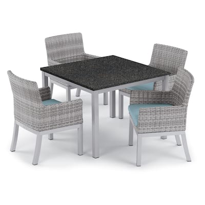 Oxford Garden Travira 5-piece 39-inch Lite-Core Dining Table & Argento Resin Wicker Armchair Set - Ice Blue Cushions