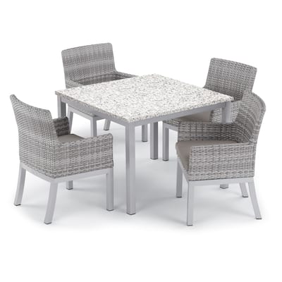 Oxford Garden Travira 5-piece 39-inch Lite-Core Ash Dining Table & Argento Resin Wicker Armchair Set - Stone Cushions