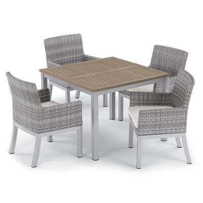 Oxford Garden Travira 5-piece 39-inch Tekwood Vintage Dining Table & Argento Resin Wicker Armchair Set - Eggshell White Cushions